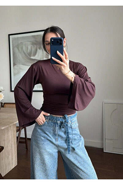 My Blog Bluză maro cu mânecă lungă și detaliu drapat în talie basic - 261021