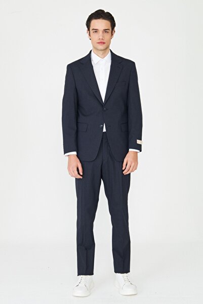 White Stone Navy Blue Fine Textured Modern S Slim Fit Classic Collar Premium ...