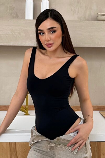 modavingo Body negru fără mâneci cu decolteu în V pentru femei
