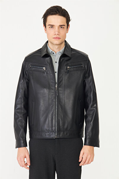 White Stone Black Zippered Classic Cut Genuine Leather Jacket