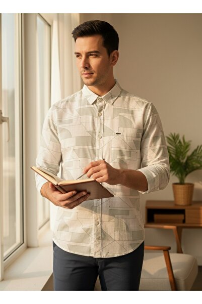 DİO قميص رجالي أبيض بطبعة تجريدية – قميص قصة ضيقة بأكمام طويلة وقصة ضيقة
