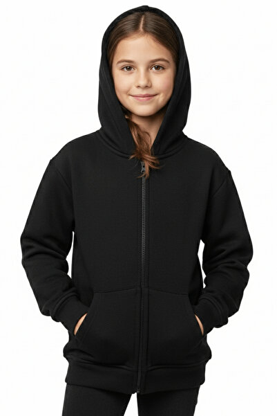 onymino Girls and Boys Black Hooded Zippered Unprinted Sweatshirt