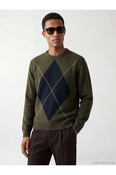 LC Waikiki Khaki Crew Neck Argyle Patterned Men's Knit Sweater