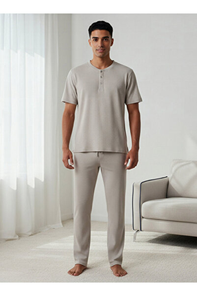 FAV Men Cotton Waffle Textured Henley Neck Nightwear Set