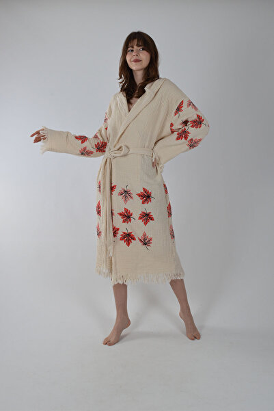 REİNA TEKS Peshtemal Bathrobe Muslin Cotton Piece Beach Red Leaf Pattern 1Pie...