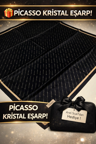 Picasso İpek Görünümlü Siyah Kristal Eşarp – Twill Şık Tasarım 90x90