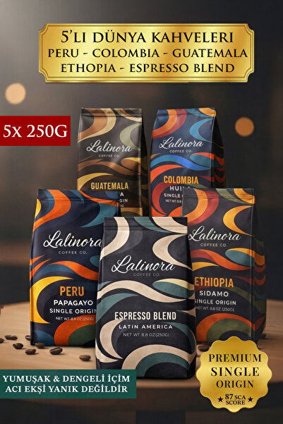 Lalinora Coffee Co 5'li Dünya Kahveleri Çekirdek Filtre&Espresso -Peru-Colomb...