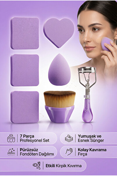 7 Parça Profesyonel Makyaj Seti - Kirpik Kıvırıcı, Fırça Ve Sünger Mor Renk