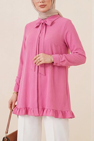 COjans Ruffled Skirt Drawstring Waist Hidden Buttons Modal Tunic -Pink