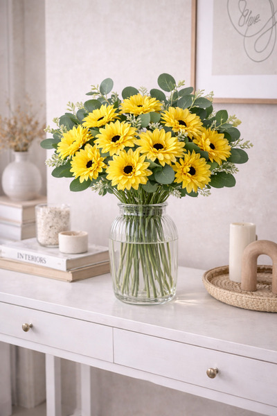 Mottogo Buchet artificial de flori de gălbenele pentru acasă – 12 ramuri de f...