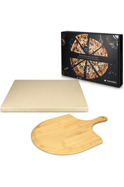 Navaris Pizza Stone Set 30 x 38 cm and Bamboo Pizza Peel, Beige, 48593.01
