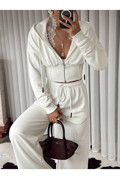SUN STYLE Cotton Fabric Hooded Lace Detailed Cardigan Sweat & High Waist Pock...