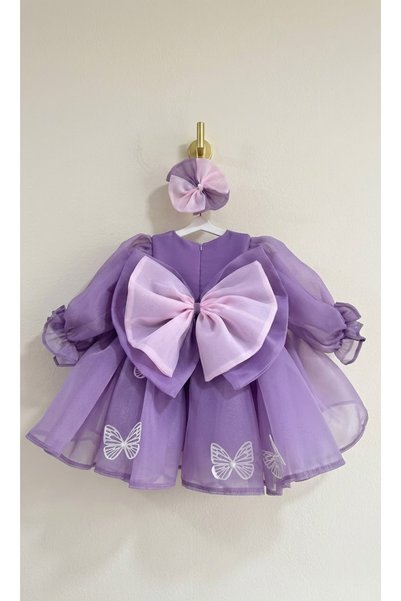 HOBİ Purple Butterfly Detailed Buckled Girls' Dress