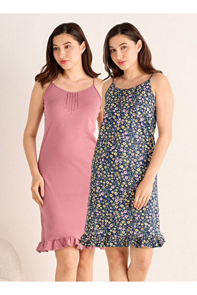 FAV Set of 2 - Midi Slip Dress Strappy Ruffled Hem Cotton