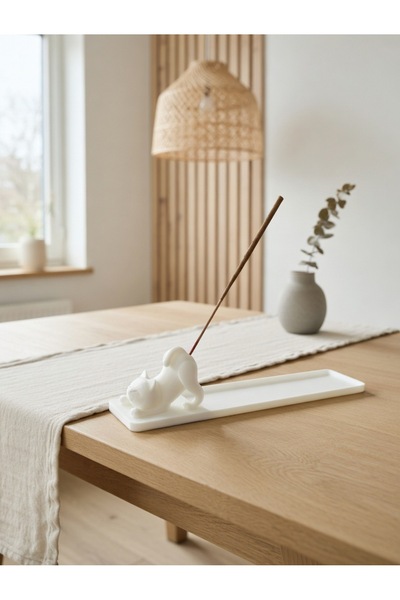 Handmade Sevimli Kedi Figürlü Tütsülük - Beyaz Dekoratif Çubuk Tütsü Standı