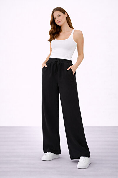 İDOL GİYİM Women's Tencel Fabric Comfortable Cut Wide Leg Pants Elastic Waist...