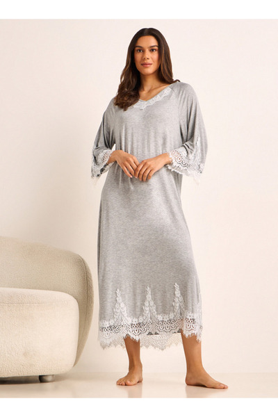 FAV Night Gown Long Sleeve Lace Trim