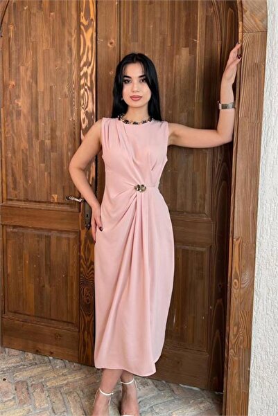 Neşeli Butik γυναικεία πούδρα ντραπέ χρυσό Με λεπτομέρεια αγκράφας Midi μήκος...