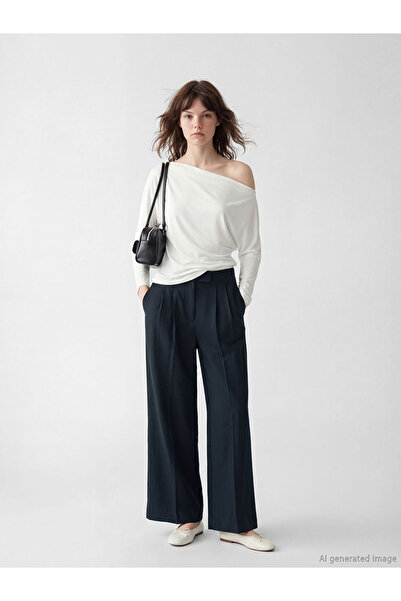 LC Waikiki Xside Navy Blue High Waist Wide Leg Women's Fabric Trousers