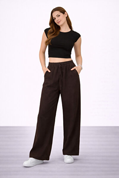 İDOL GİYİM Women's Tencel Fabric Comfortable Cut Wide Leg Pants Elastic Waist...