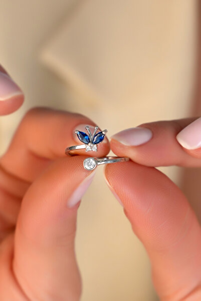 SUNSHINE 925 Ayar Gümüş ,Lacivert Taşlı Kelebek Tasarım Gümüş Yüzük