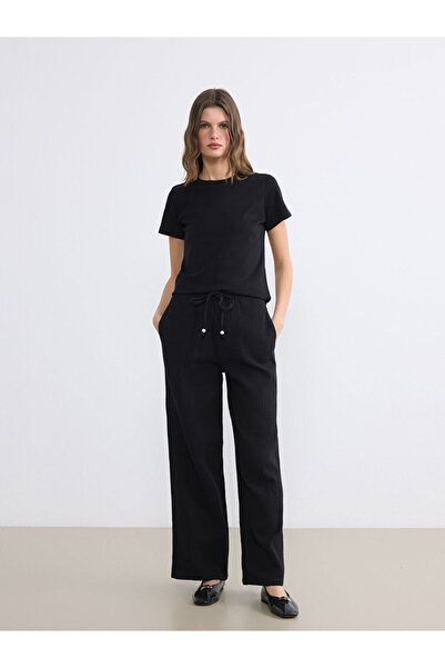 LC Waikiki Μαύρο γυναικείο παντελόνι μουσελίνας με ελαστική μέση και φαρδιά μ...