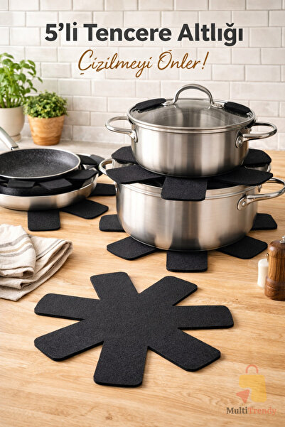 MultiTrendy 5 Adet Keçe Tencere Tava Borcam Koruyucu Ayırıcı Çizdirmez Ped Siyah