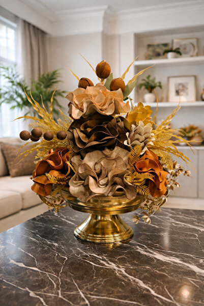 İSHTAR DEKOR Dekoratif Gold Zamak Kollu Kase Vazo Yapay Çiçek Aranjmanı – Top...