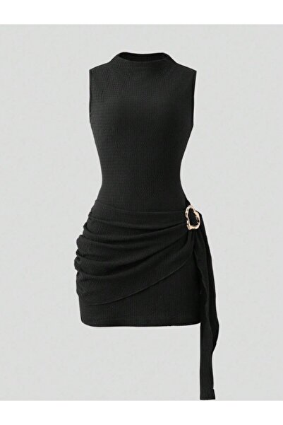 Arfami Women's Draped Mock Neck Buckle Detail Zero Sleeve Stylish Mini Dress