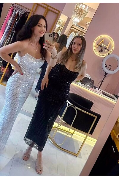 Hatice Altıntaş BONCUK PAYET İŞLEME DETAY BEYAZ ABİYE ELBİSE