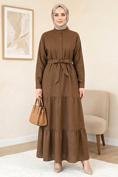 FERHEL Ενδυμασμένο φόρεμα με κουμπιά και γιακά με ζώνη Με δέσιμο Λινό Κομψό φ...