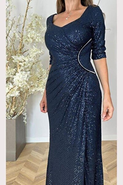 PRETO 963091 Büyük BedenTruvakar Kol Kare Yaka Drapeli Pulpayet Uzun Abiye