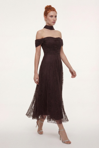 Lafaba Women's Brown Slim Fit Boat Neck Lace Piece Midi Promise Engagement We...