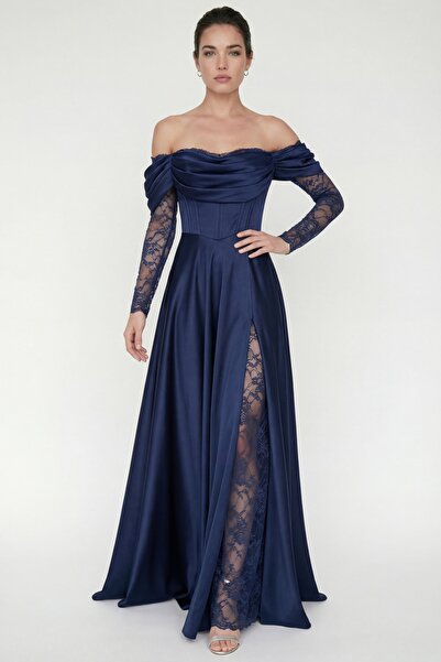 Lafaba Women's Navy Blue Slim Fit Lace Detailed Long Satin Evening Dress