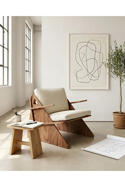 PRAKTURA CRAFT Ahşap Ceviz Krem Berjer, Krem Kumaş Tekli Koltuk, Modüler Kanepe