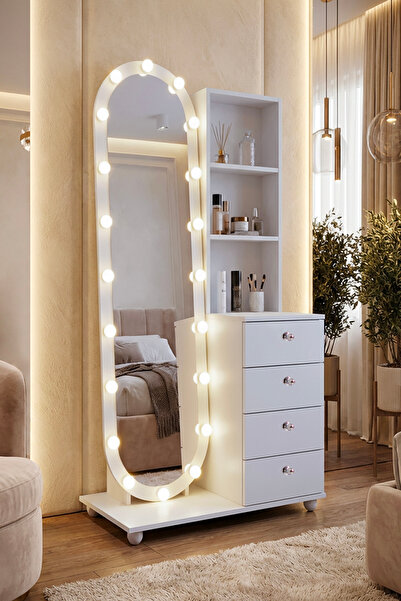 benim odam Diva Hollywood Işıklı Boy Aynalı 4 Çekmeceli Raflı Aynalı Makyaj M...