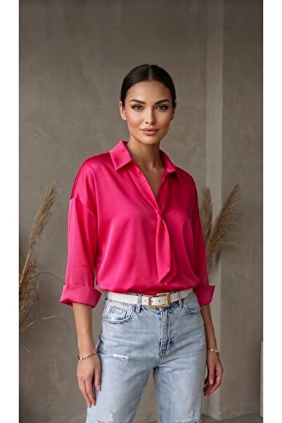 Dagü Design Women's Pink Satin Shirt with Mobile Scarf