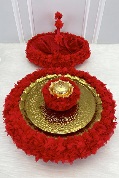 ZEYMERADE صينية نحاسية مزينة بالزهور الحمراء، مخمل صينية هينا جيتري، مجموعة ا...