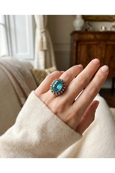 Dorvina Bronz Takı Otantik Mavi Kristal Taş Damla Kesim Ayarlanabilir Vintage...