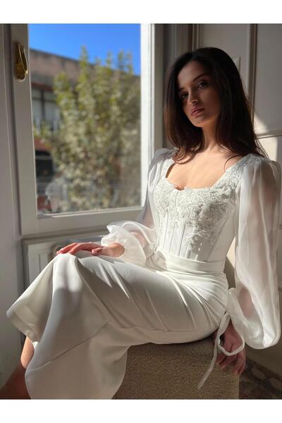 Empressco Seri Balon Kol Aplik Üzeri Kristal Boncuk Işleme Detaylı Kalem Abiye