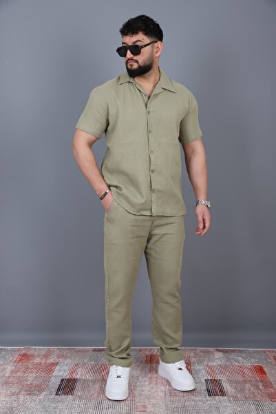 L-KOM Men's Short Sleeve Muslin Shirt Pants Set Cotton Piece Summer Casual To...