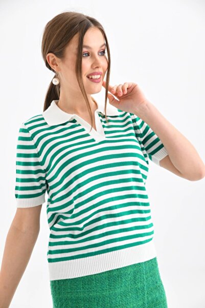 Noi Belis Striped Polo Yaka Fine Knit Blouse Ss26Bz0073