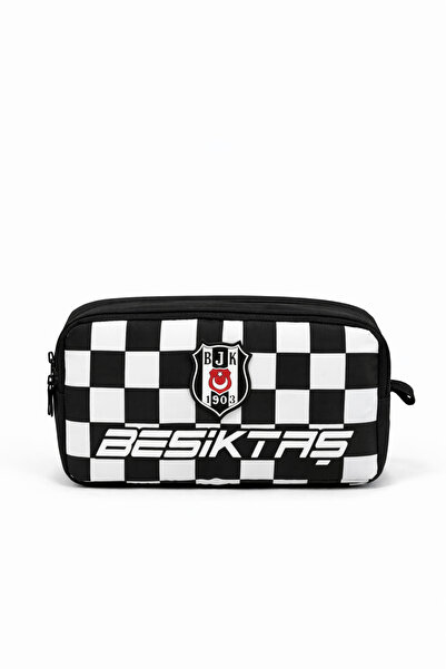 Beşiktaş Lisanslı Siyah Kare Desenli Kalemlik - Çift Bölmeli Rubber Logolu Ok...