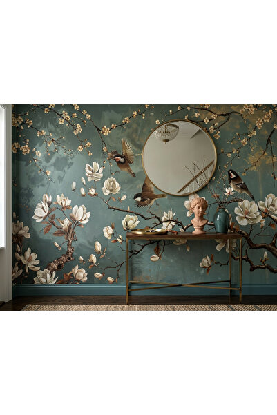 Tasarım Kuş ve Çiçek Desenli Duvar Kağıdı – Zarif Doğa Temalı Poster