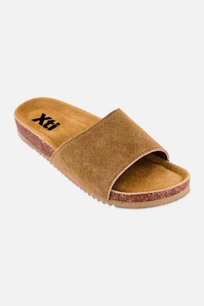 XTI Women Brand Logo Slip On Sandals, Tan
