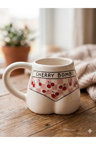 PALTO TASARIM Cherry Bomb! Bikinili Handmade White Glossy Butt Mug - Handcraf...