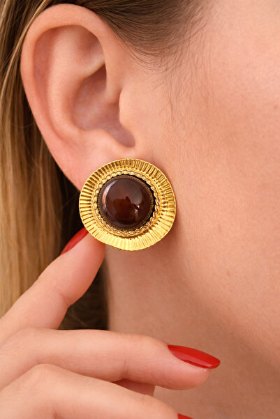 POYASE Women's Brown Stone Gold Color Vintage Earrings Classic Round Patterne...