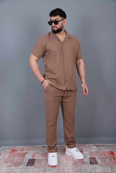 L-KOM Men's Short Sleeve Muslin Shirt Pants Set Cotton Piece Summer Casual To...