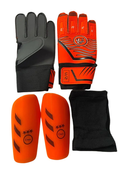 unes Orange Goalkeeper Gloves + Orange Shin Guard Football Set