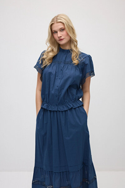 Gusto Lace Detailed Cotton Blouse - Navy Blue